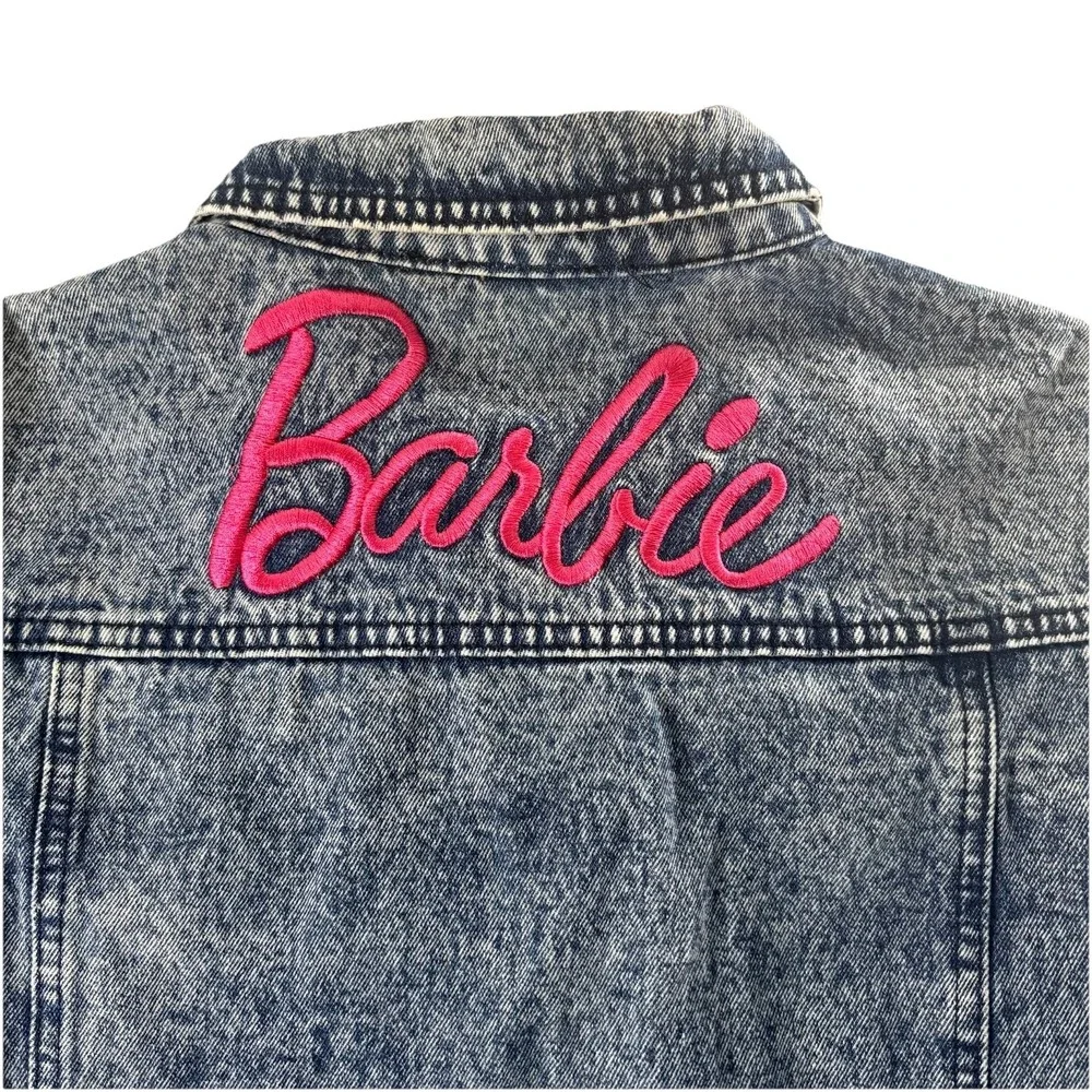 Mattel Barbie Blue Acid Wash Denim Trucker Jacket  Adult Youth XL Barbiecore Y2K